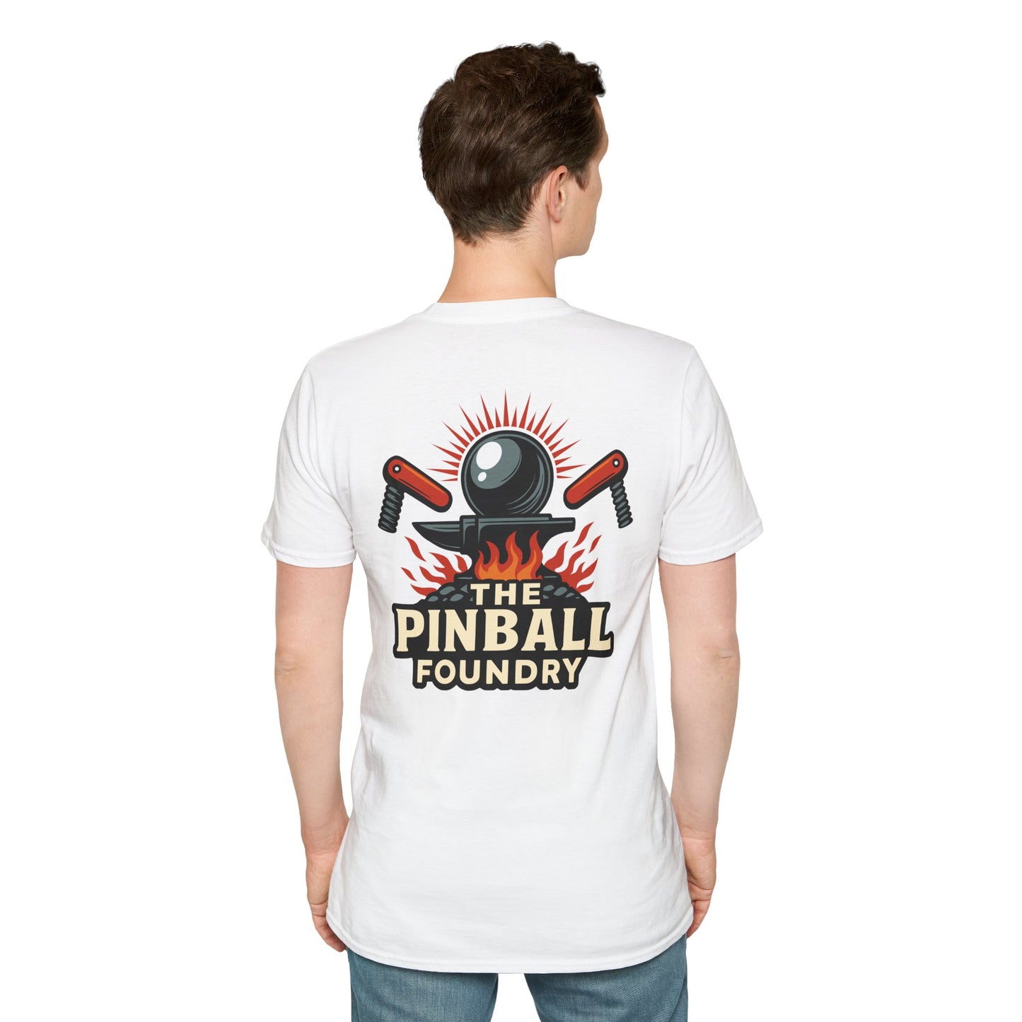 The Pinball Foundry Logo, Gaming T-Shirt, Unisex Softstyle T-Shirt, Perfect Gift for Gamers, Casual Wear, Pinball Lover Apparel