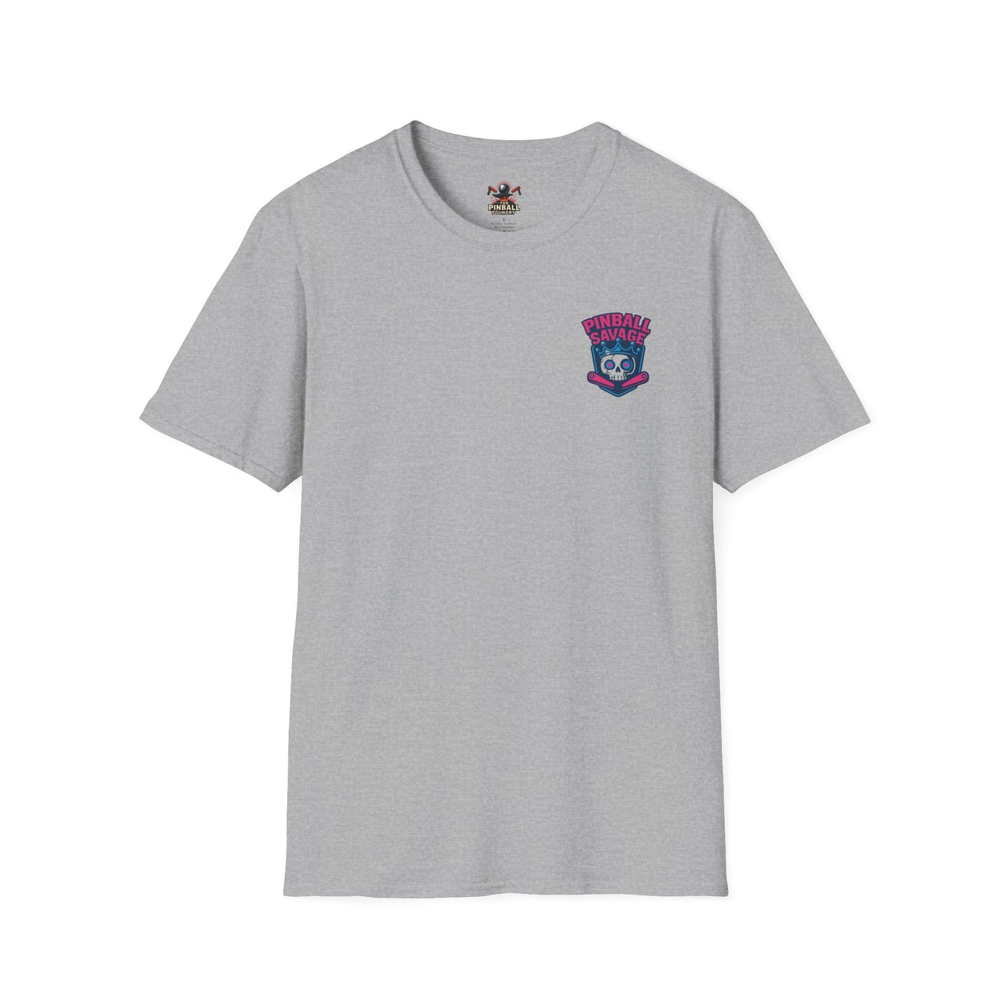 The Pinball Foundry Pinball Savage Skull, Gaming T-Shirt, Unisex Softstyle T-Shirt, Perfect Gift for Gamers, Casual Wear, Pinball Lover Apparel