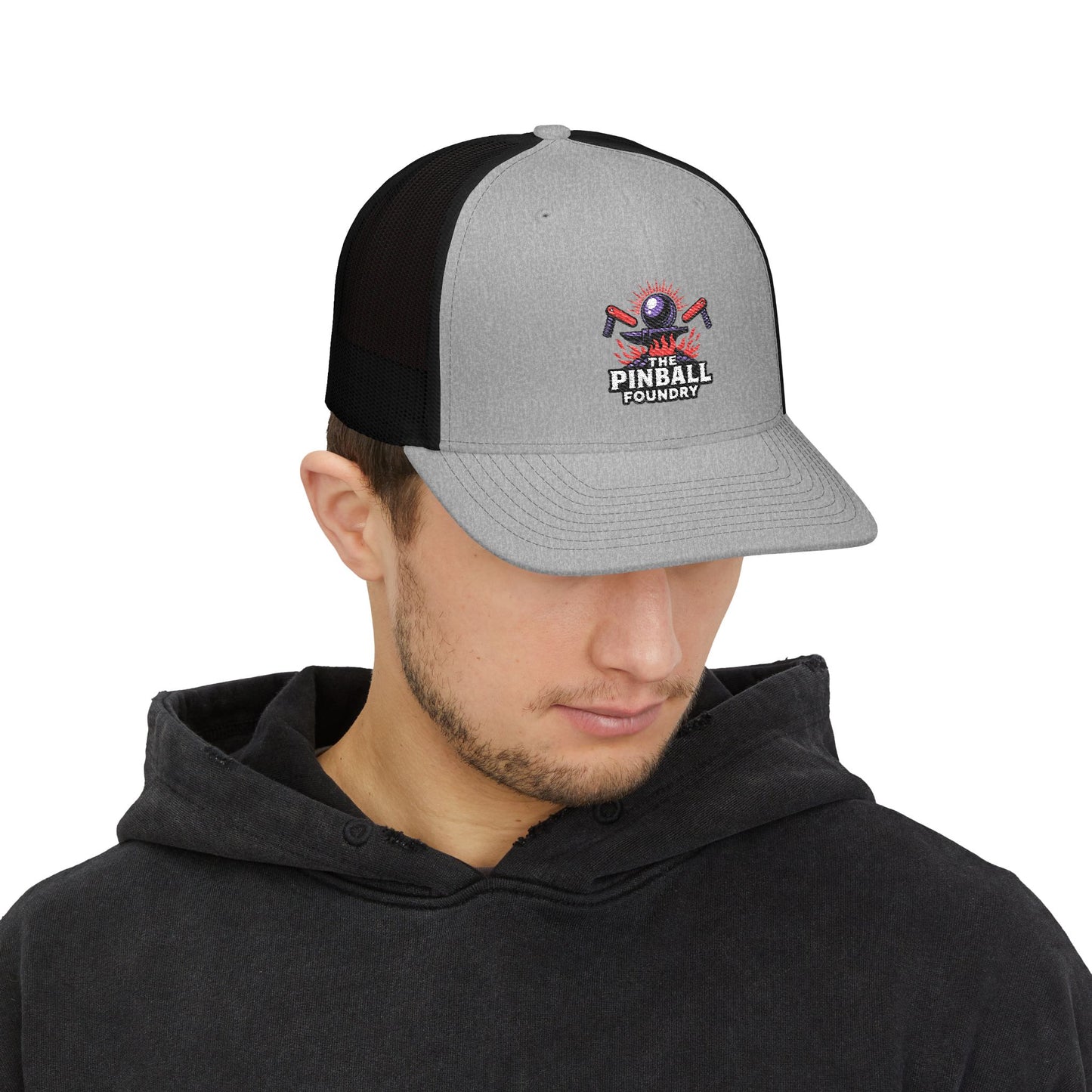 The Pinball Foundry Embroidered Snapback Trucker Cap, Casual Summer Hat, Gift for Gamers, Outdoor Style, Festival Accessory