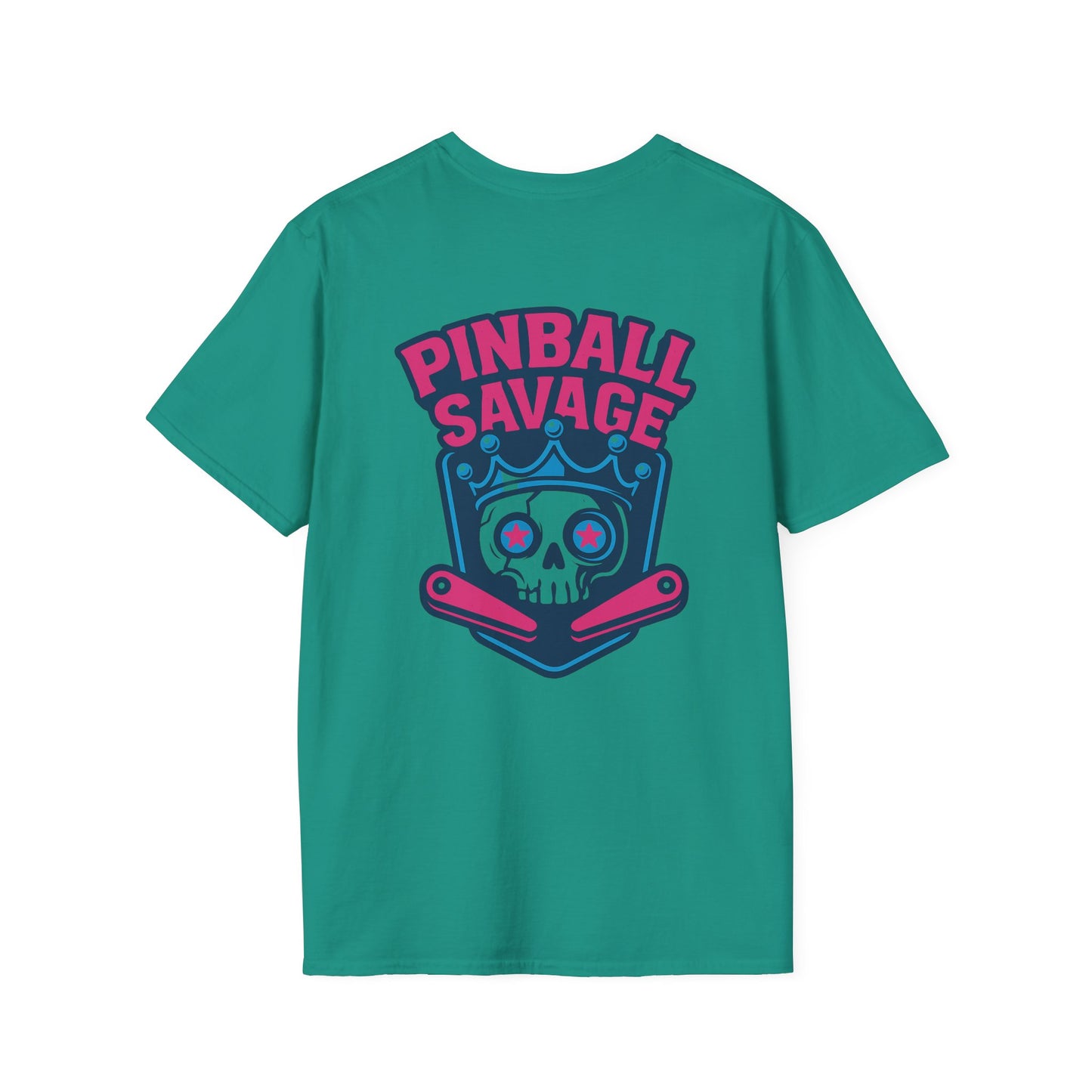 The Pinball Foundry Pinball Savage Skull, Gaming T-Shirt, Unisex Softstyle T-Shirt, Perfect Gift for Gamers, Casual Wear, Pinball Lover Apparel