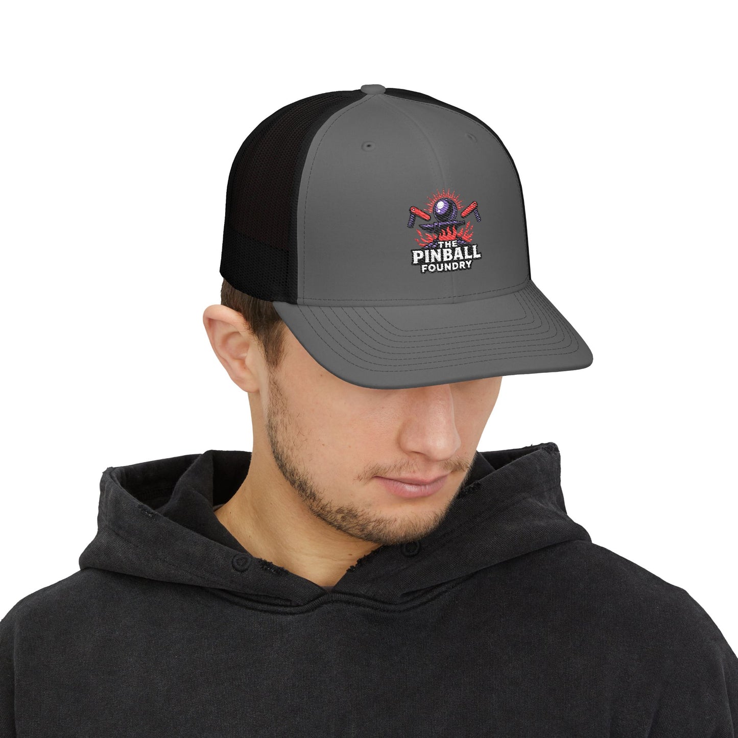 The Pinball Foundry Embroidered Snapback Trucker Cap, Casual Summer Hat, Gift for Gamers, Outdoor Style, Festival Accessory