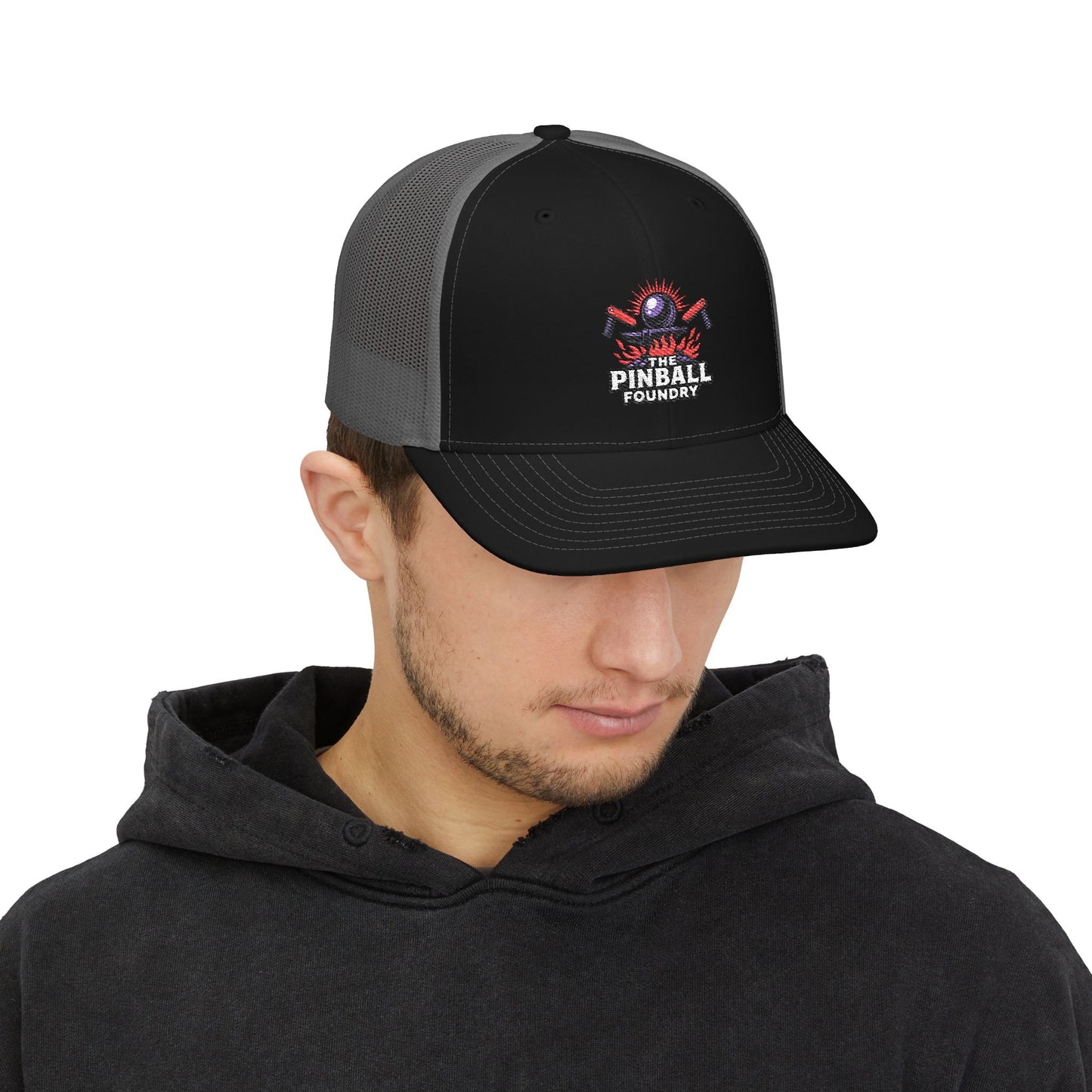 The Pinball Foundry Embroidered Snapback Trucker Cap, Casual Summer Hat, Gift for Gamers, Outdoor Style, Festival Accessory