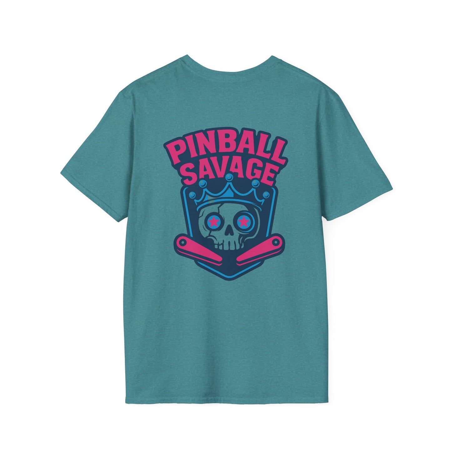 The Pinball Foundry Pinball Savage Skull, Gaming T-Shirt, Unisex Softstyle T-Shirt, Perfect Gift for Gamers, Casual Wear, Pinball Lover Apparel