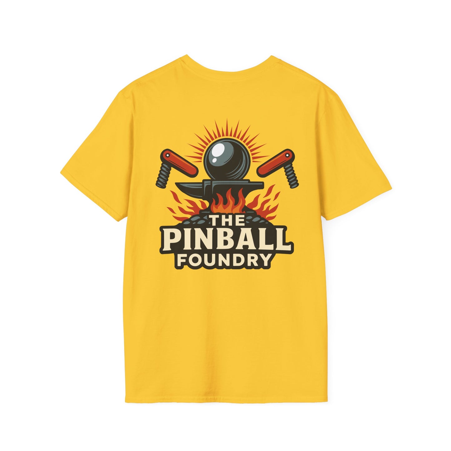 The Pinball Foundry Logo, Gaming T-Shirt, Unisex Softstyle T-Shirt, Perfect Gift for Gamers, Casual Wear, Pinball Lover Apparel