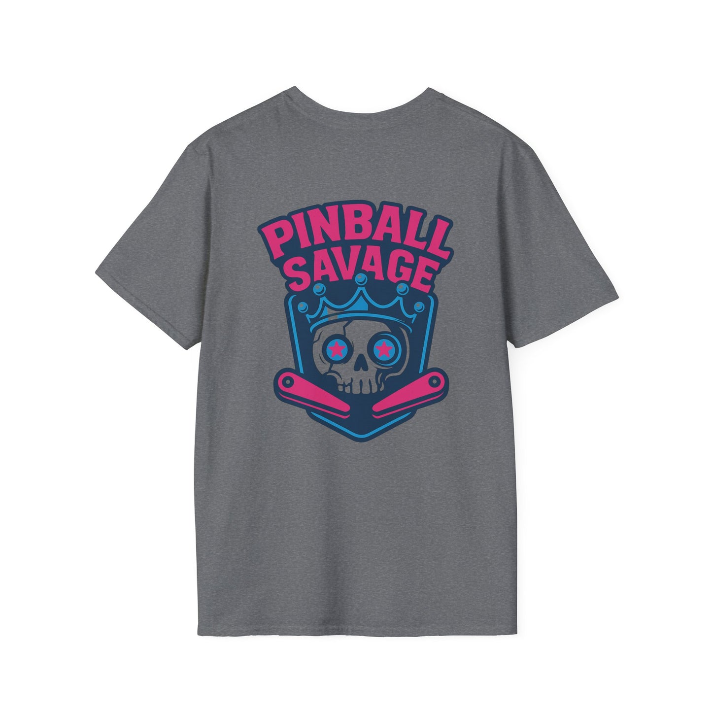 The Pinball Foundry Pinball Savage Skull, Gaming T-Shirt, Unisex Softstyle T-Shirt, Perfect Gift for Gamers, Casual Wear, Pinball Lover Apparel