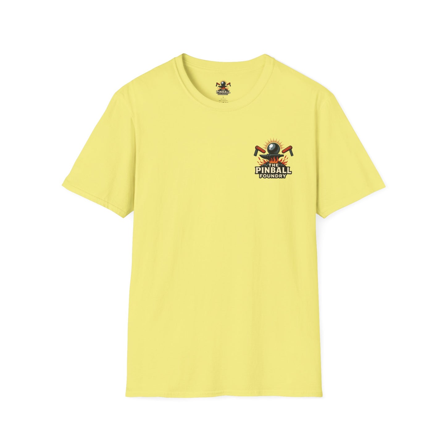 The Pinball Foundry Logo, Gaming T-Shirt, Unisex Softstyle T-Shirt, Perfect Gift for Gamers, Casual Wear, Pinball Lover Apparel