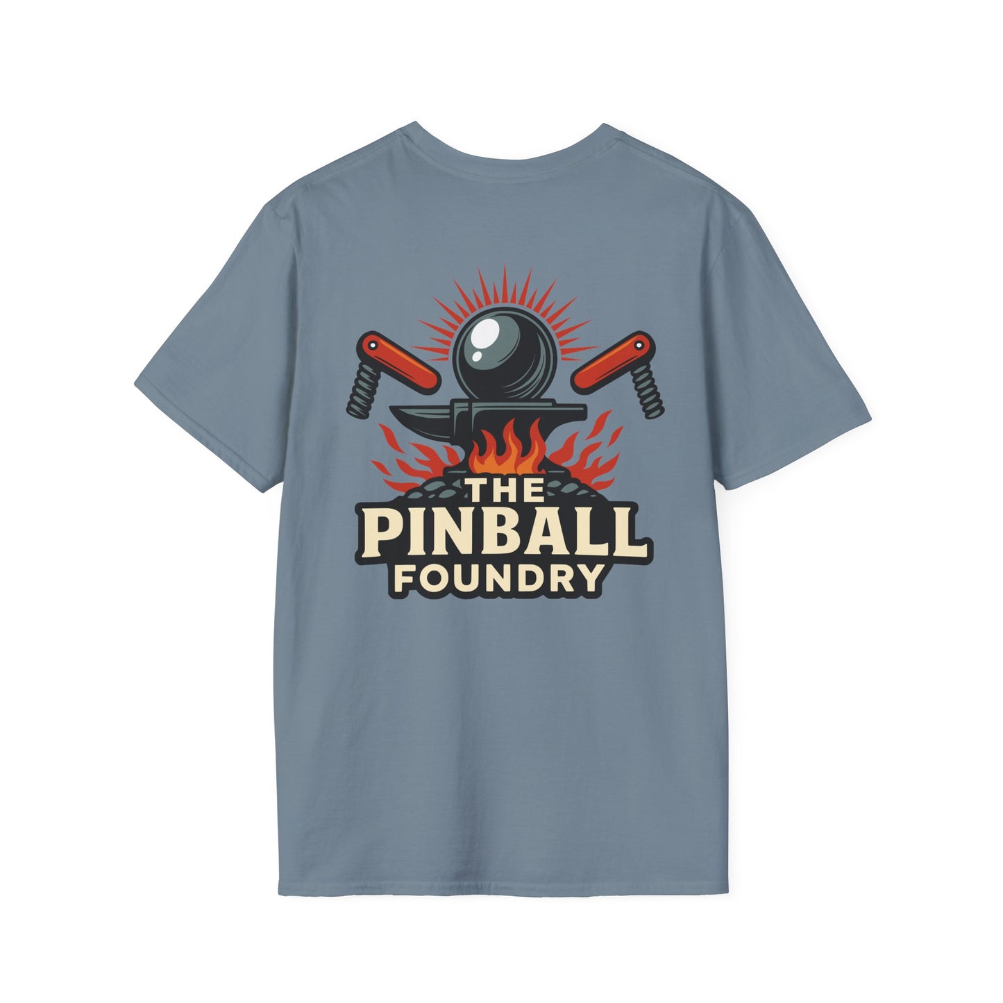 The Pinball Foundry Logo, Gaming T-Shirt, Unisex Softstyle T-Shirt, Perfect Gift for Gamers, Casual Wear, Pinball Lover Apparel