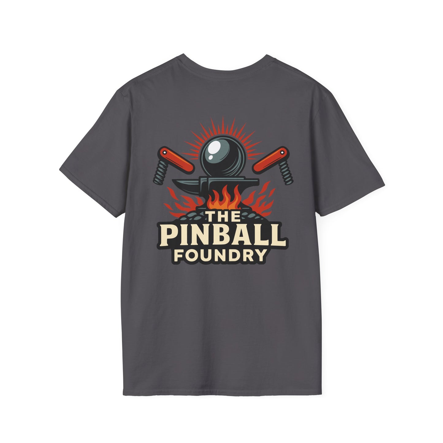 The Pinball Foundry Logo, Gaming T-Shirt, Unisex Softstyle T-Shirt, Perfect Gift for Gamers, Casual Wear, Pinball Lover Apparel