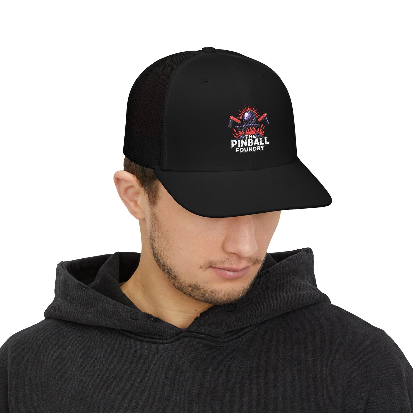 The Pinball Foundry Embroidered Snapback Trucker Cap, Casual Summer Hat, Gift for Gamers, Outdoor Style, Festival Accessory