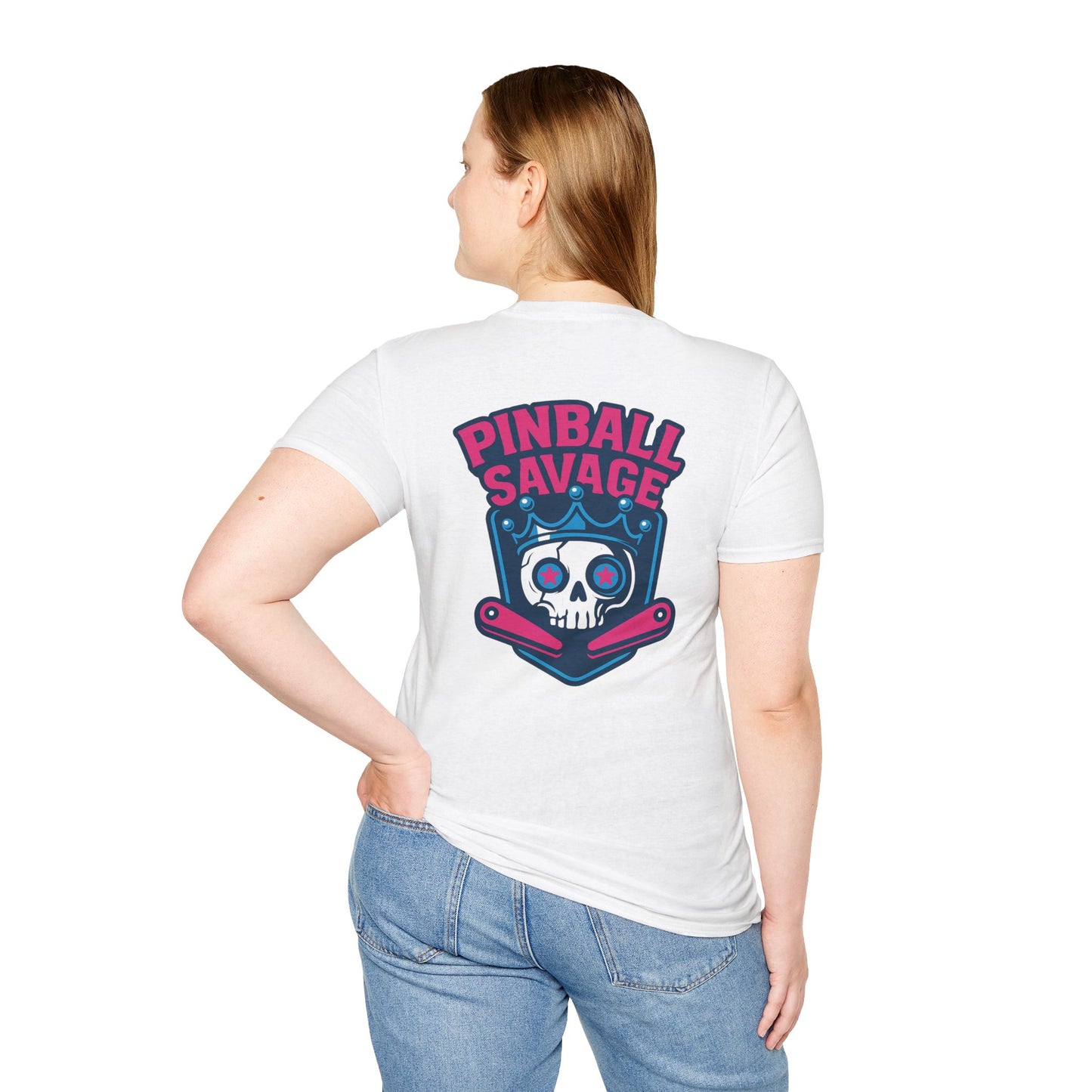 The Pinball Foundry Pinball Savage Skull, Gaming T-Shirt, Unisex Softstyle T-Shirt, Perfect Gift for Gamers, Casual Wear, Pinball Lover Apparel