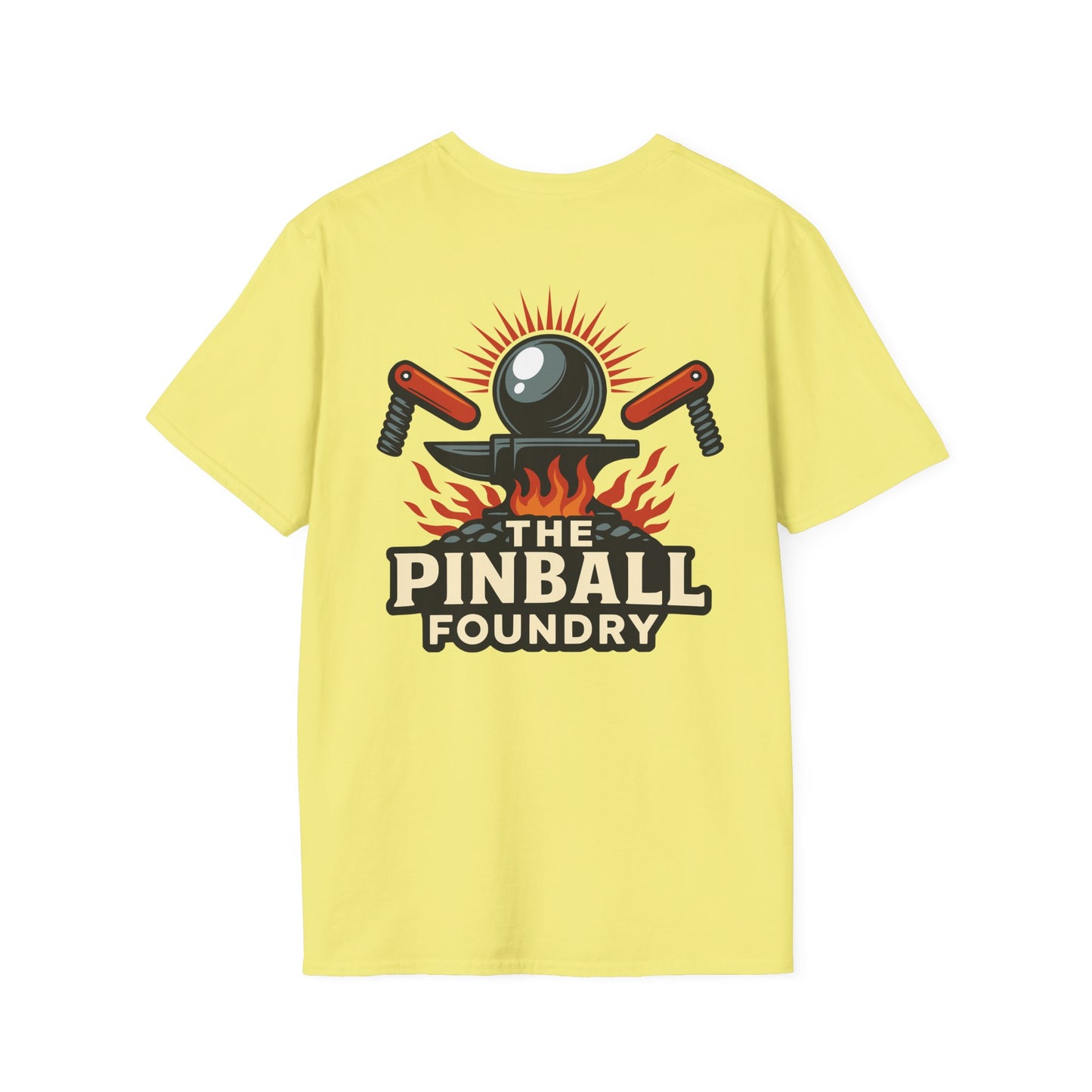 The Pinball Foundry Logo, Gaming T-Shirt, Unisex Softstyle T-Shirt, Perfect Gift for Gamers, Casual Wear, Pinball Lover Apparel