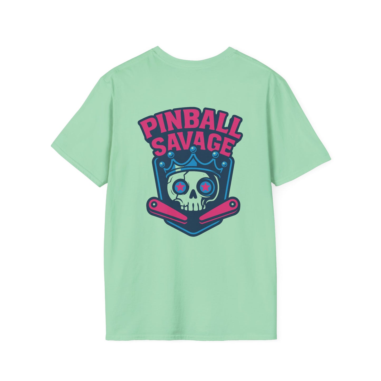 The Pinball Foundry Pinball Savage Skull, Gaming T-Shirt, Unisex Softstyle T-Shirt, Perfect Gift for Gamers, Casual Wear, Pinball Lover Apparel