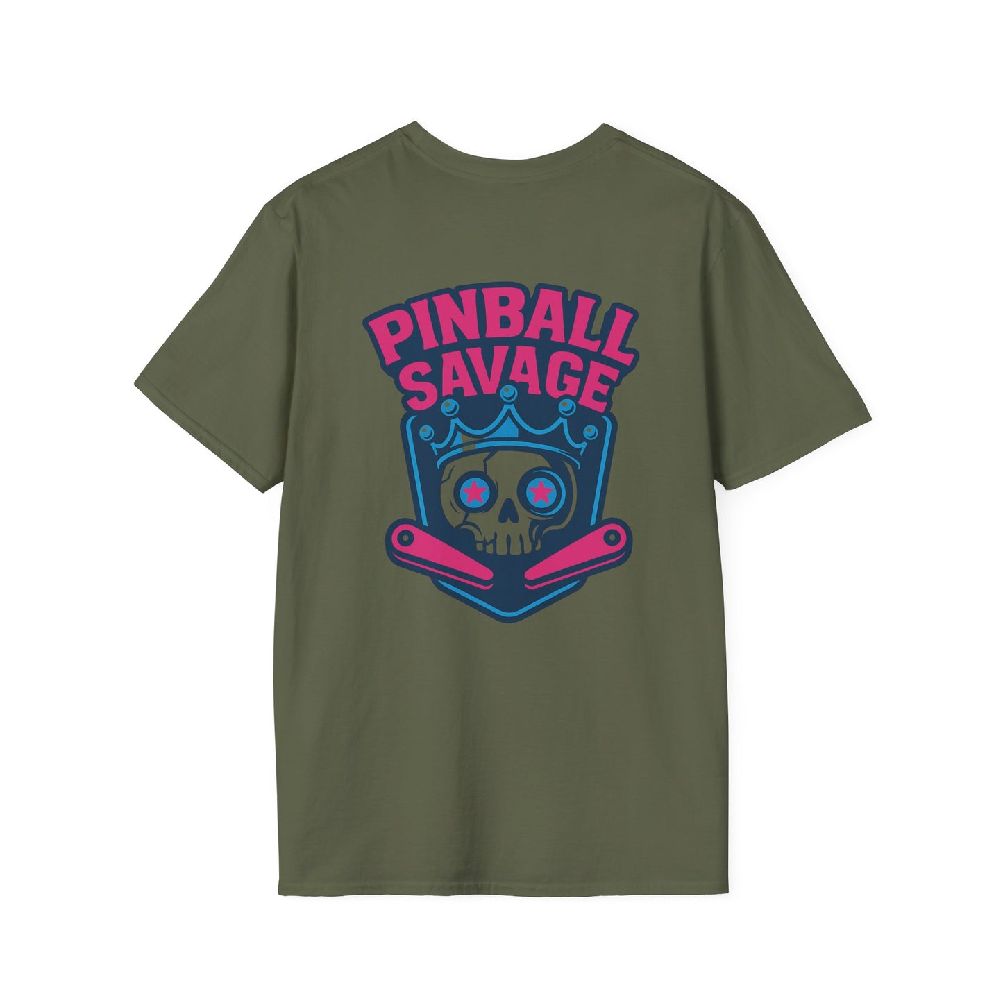 The Pinball Foundry Pinball Savage Skull, Gaming T-Shirt, Unisex Softstyle T-Shirt, Perfect Gift for Gamers, Casual Wear, Pinball Lover Apparel