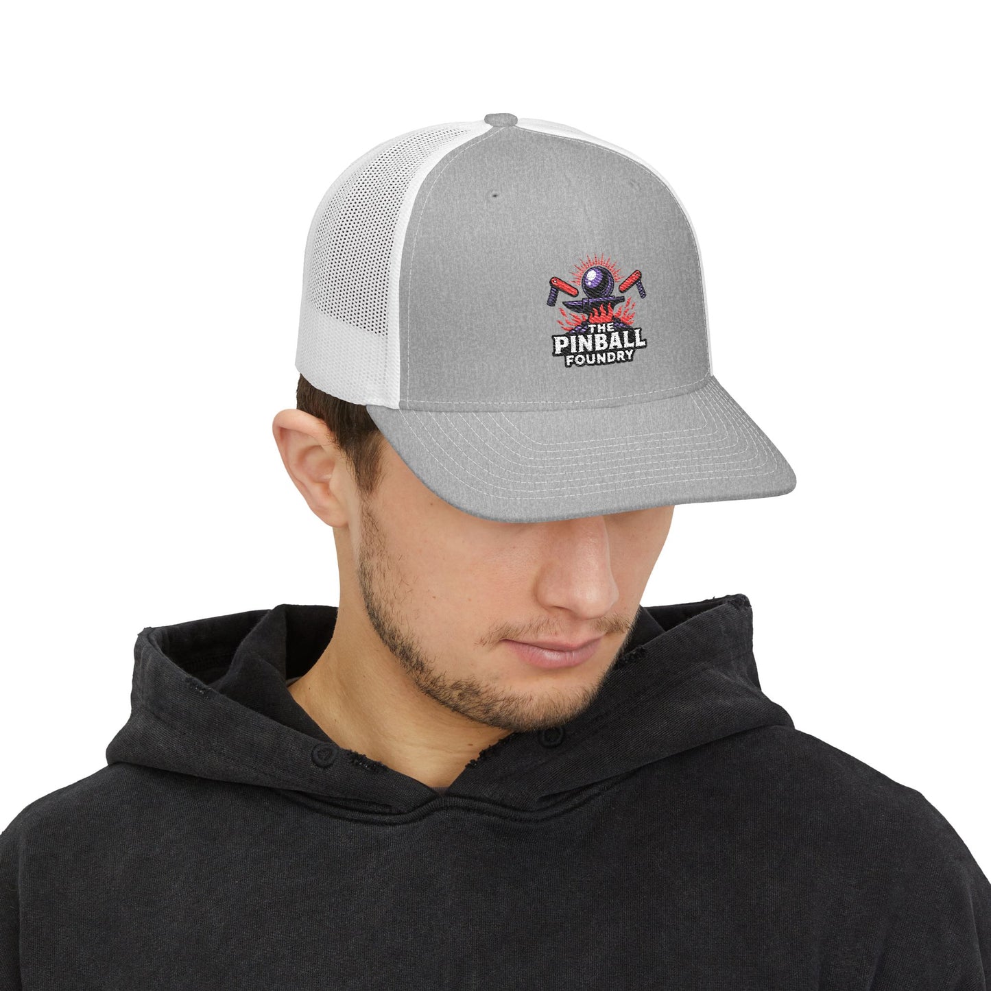 The Pinball Foundry Embroidered Snapback Trucker Cap, Casual Summer Hat, Gift for Gamers, Outdoor Style, Festival Accessory