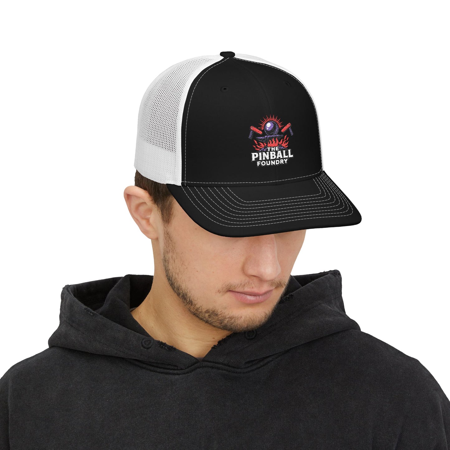 The Pinball Foundry Embroidered Snapback Trucker Cap, Casual Summer Hat, Gift for Gamers, Outdoor Style, Festival Accessory