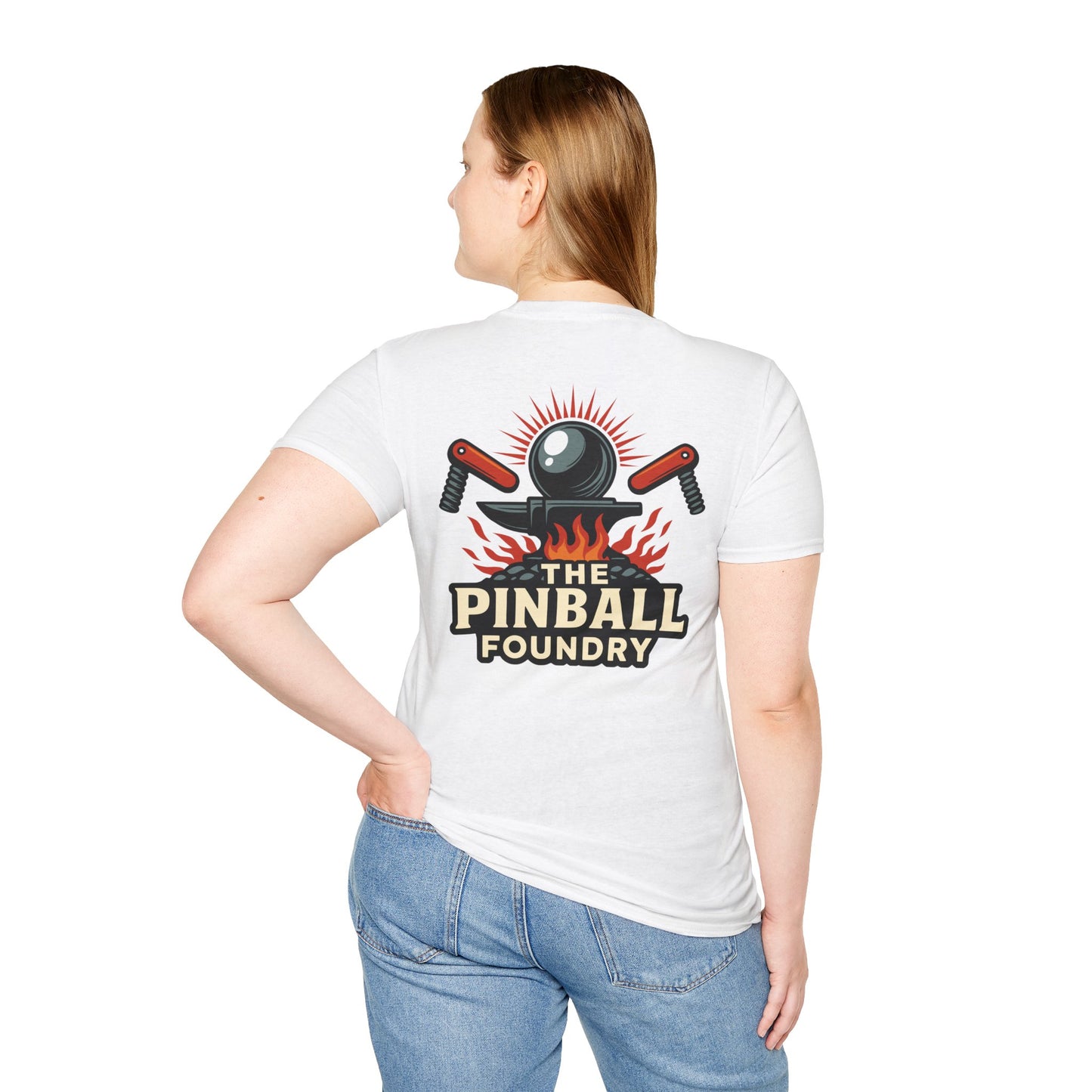 The Pinball Foundry Logo, Gaming T-Shirt, Unisex Softstyle T-Shirt, Perfect Gift for Gamers, Casual Wear, Pinball Lover Apparel