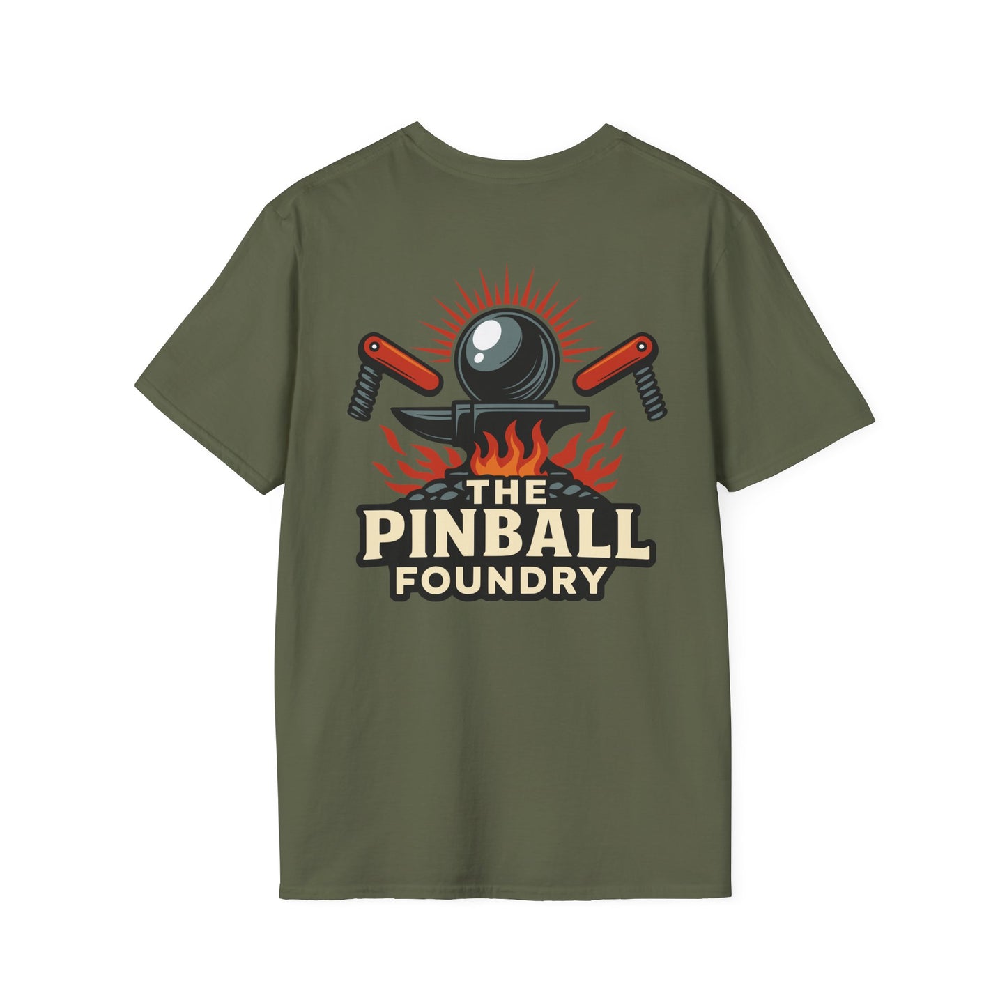 The Pinball Foundry Logo, Gaming T-Shirt, Unisex Softstyle T-Shirt, Perfect Gift for Gamers, Casual Wear, Pinball Lover Apparel