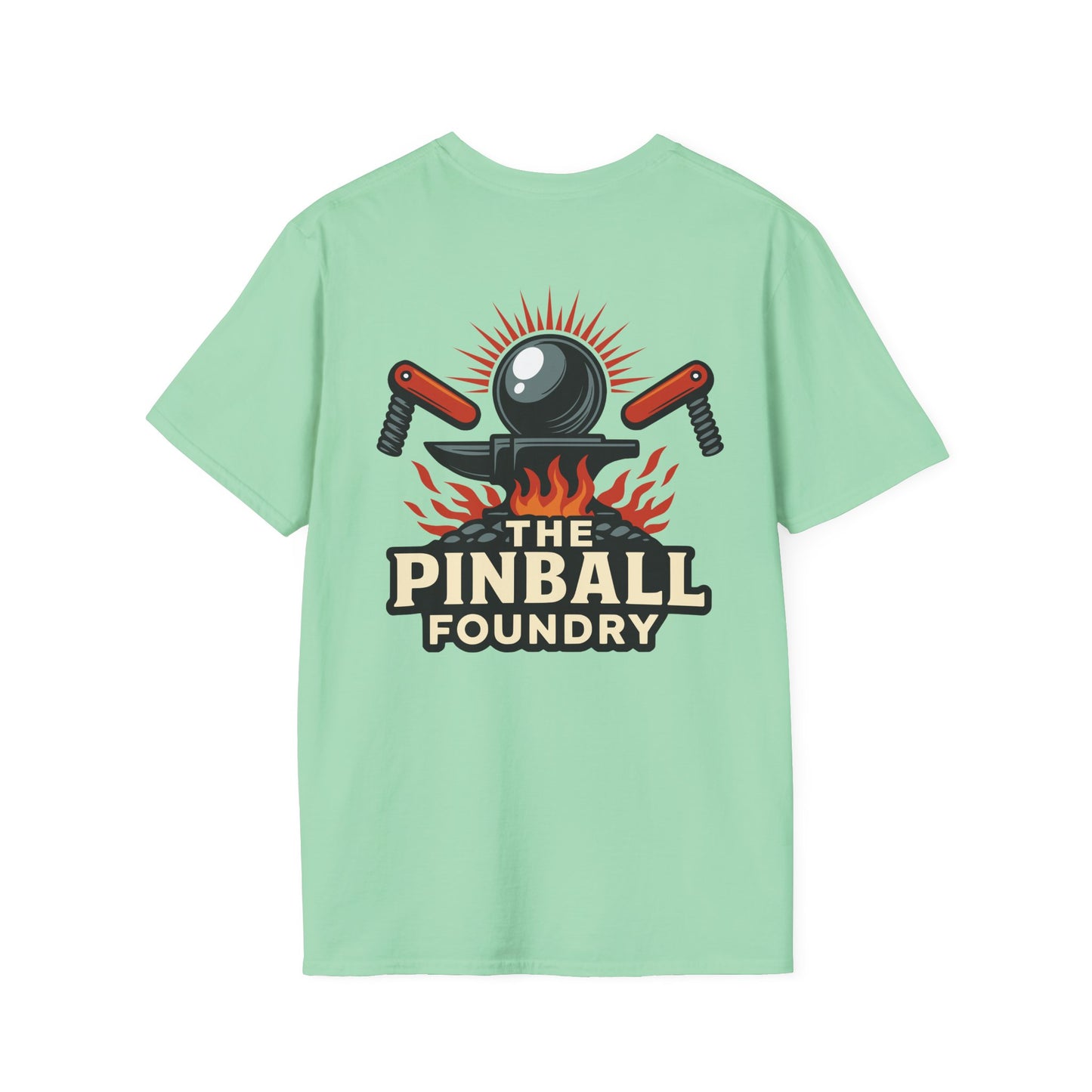 The Pinball Foundry Logo, Gaming T-Shirt, Unisex Softstyle T-Shirt, Perfect Gift for Gamers, Casual Wear, Pinball Lover Apparel